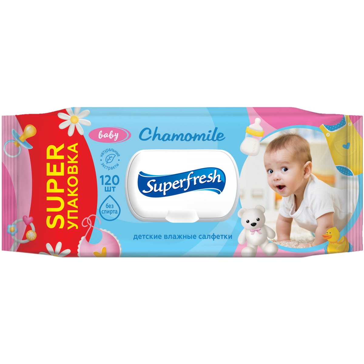 Влажные салфетки Superfresh для детей и мам с экстрактом ромашки 120 шт. 42105632 Superfresh