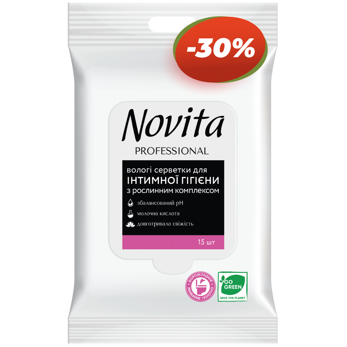 NOVITA PROFESSIONAL Влажная салфетка для интимной гигиены с растительным комплексом 15шт 42305114 Novita