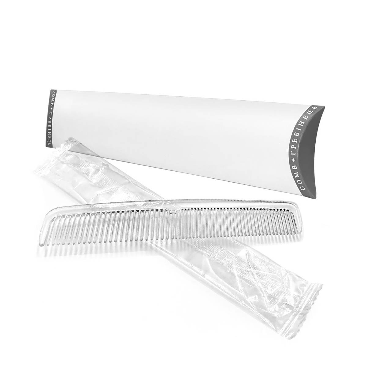 Гребінець прозорий 14 см в картонній коробці з логотипом на круглому стікері LR-C14 HSG