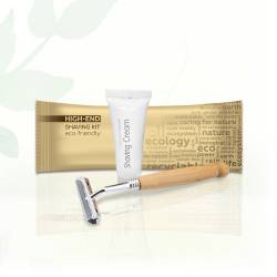 Набір для гоління High-End, бритва з дерев'яною ручкою і крем 10мл в паперовій упаковці Flow-Pack HEF-SK/W HSG