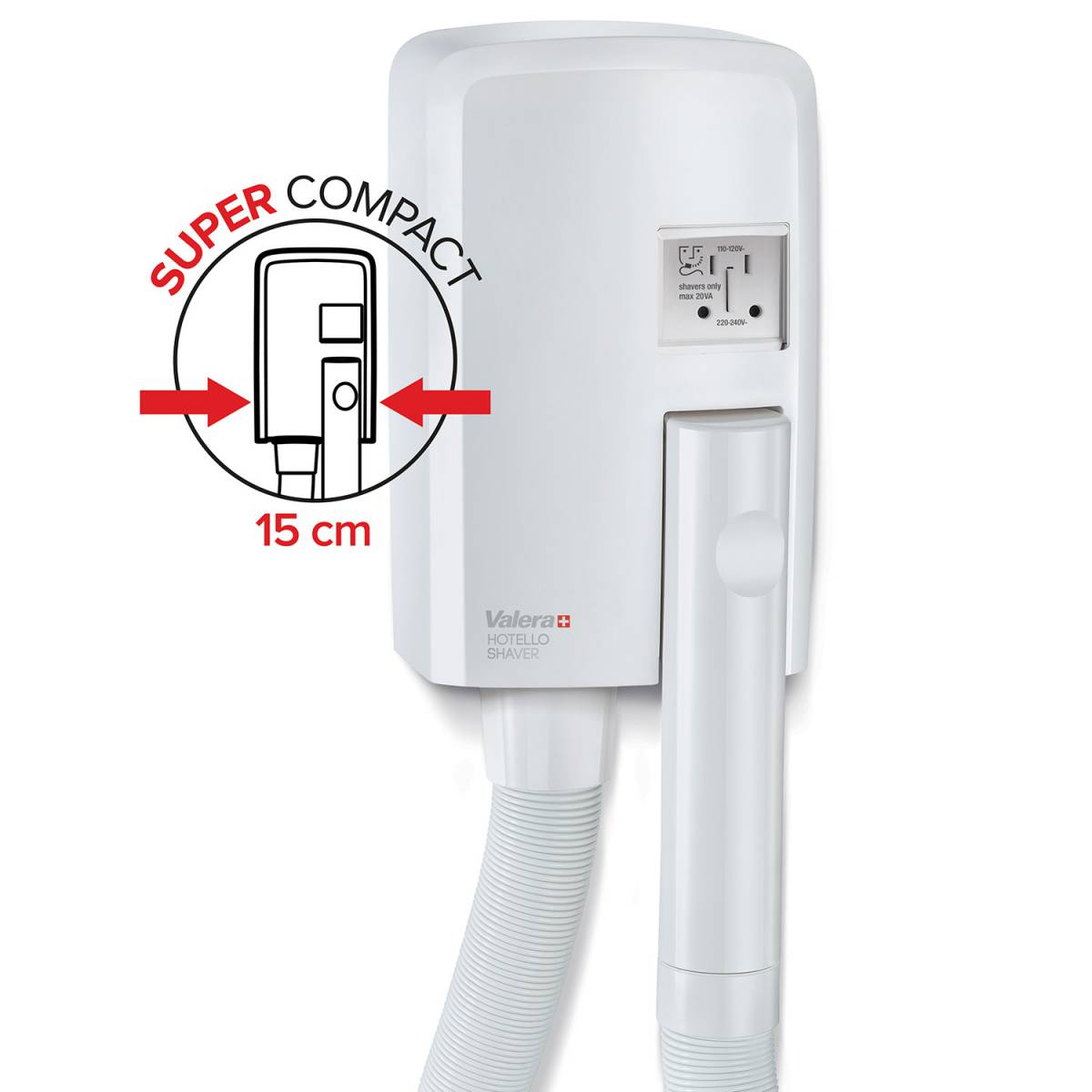 Фен Valera Hotello Shaver настінний для готелів зі шлангом і розеткою для електробритви 832.01/RT Valera