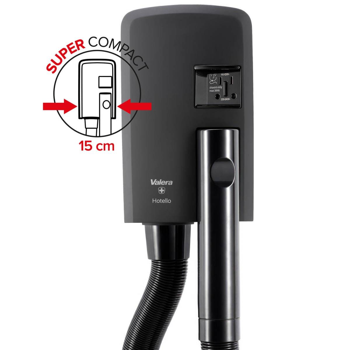 Фен настенный Valera Hotello Super AC Shaver MATT-BLACK с розеткой для электробритвы 832.02/RT MATT-BLACK Valera