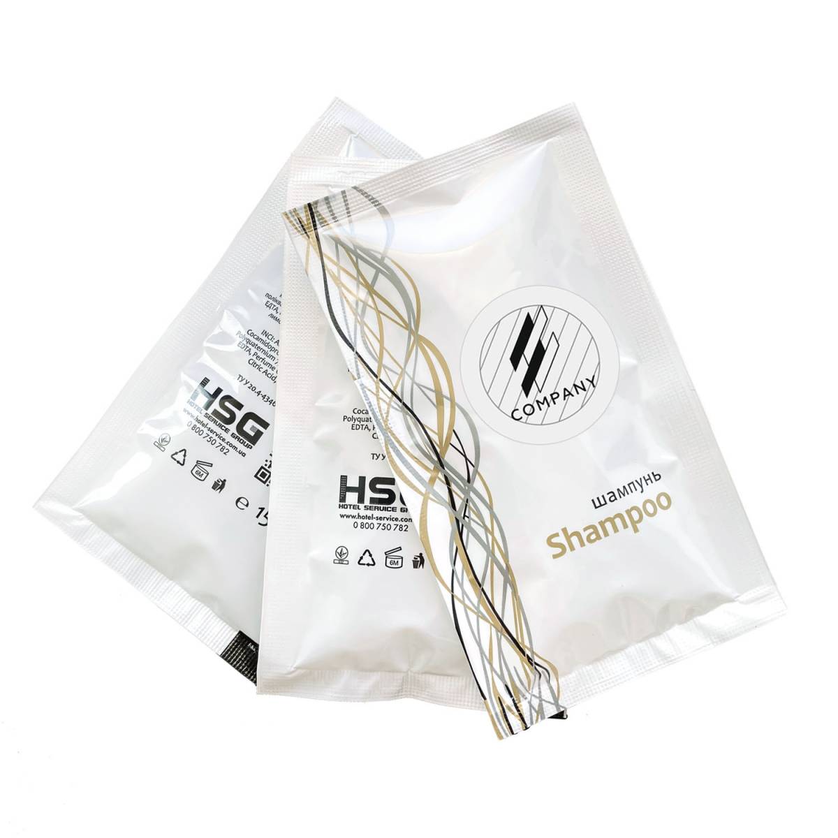 Шампунь 15 мл з логотипом замовника на круглій паперовій етикетці SACHET-R-SH15LP HSG