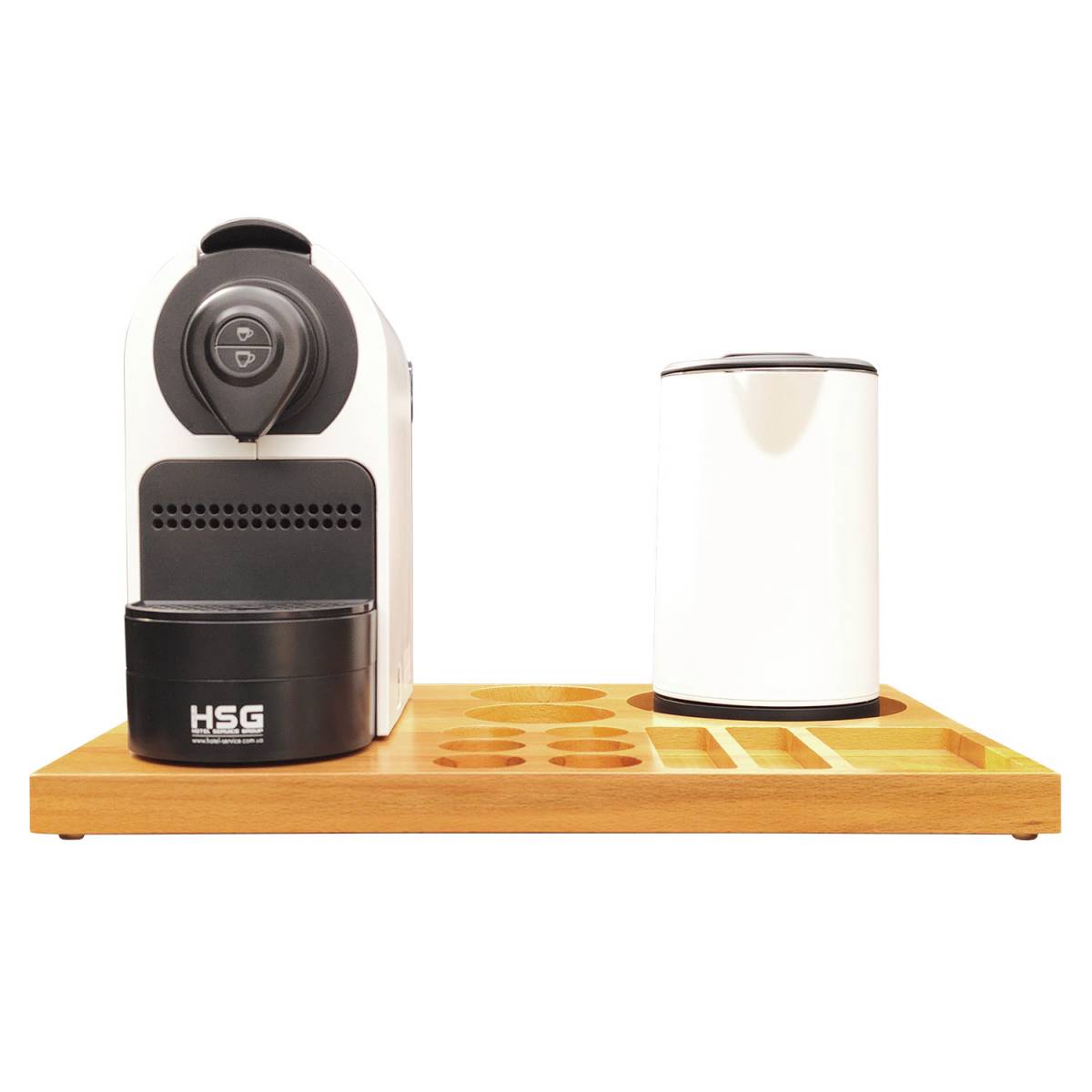 Набір гостинності - кавоварка, електрочайник, піднос дерев'яний N42+H1268+HS-201 White HSG