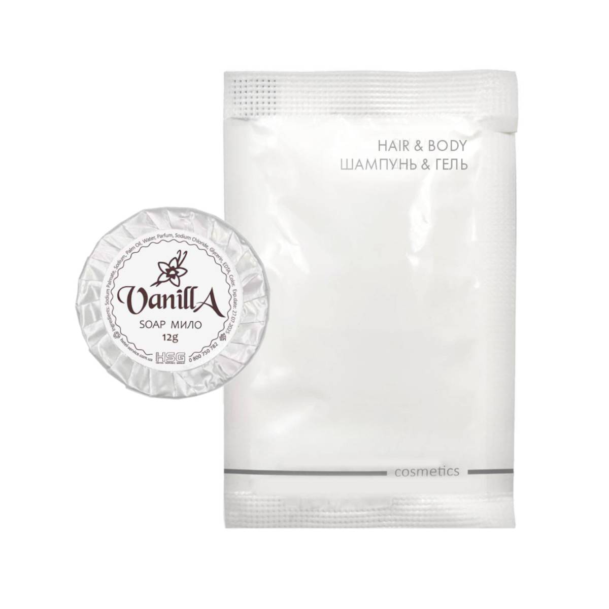 Шампунь & гель 10 мл і мило 12 гр, гостьовий набір для готелів в п/е упаковці HB10/SO12 HSG