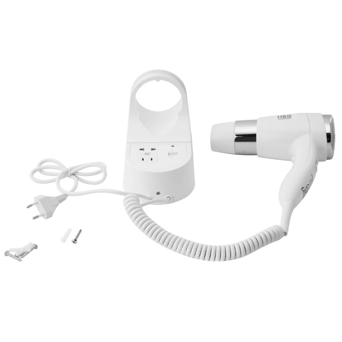 Фен настінний HSG D07 White з розеткою 1200 Вт, для готелів D07 White HSG