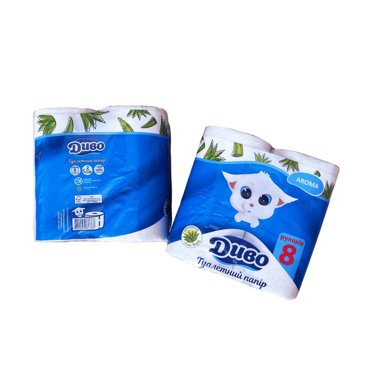 Туалетная бумага целлюлозная “ДИВО АРОМА” Белый с ароматом Алоэ Вера (Упаковка 8 шт) 51362 Київський картонно-паперовий комбінат